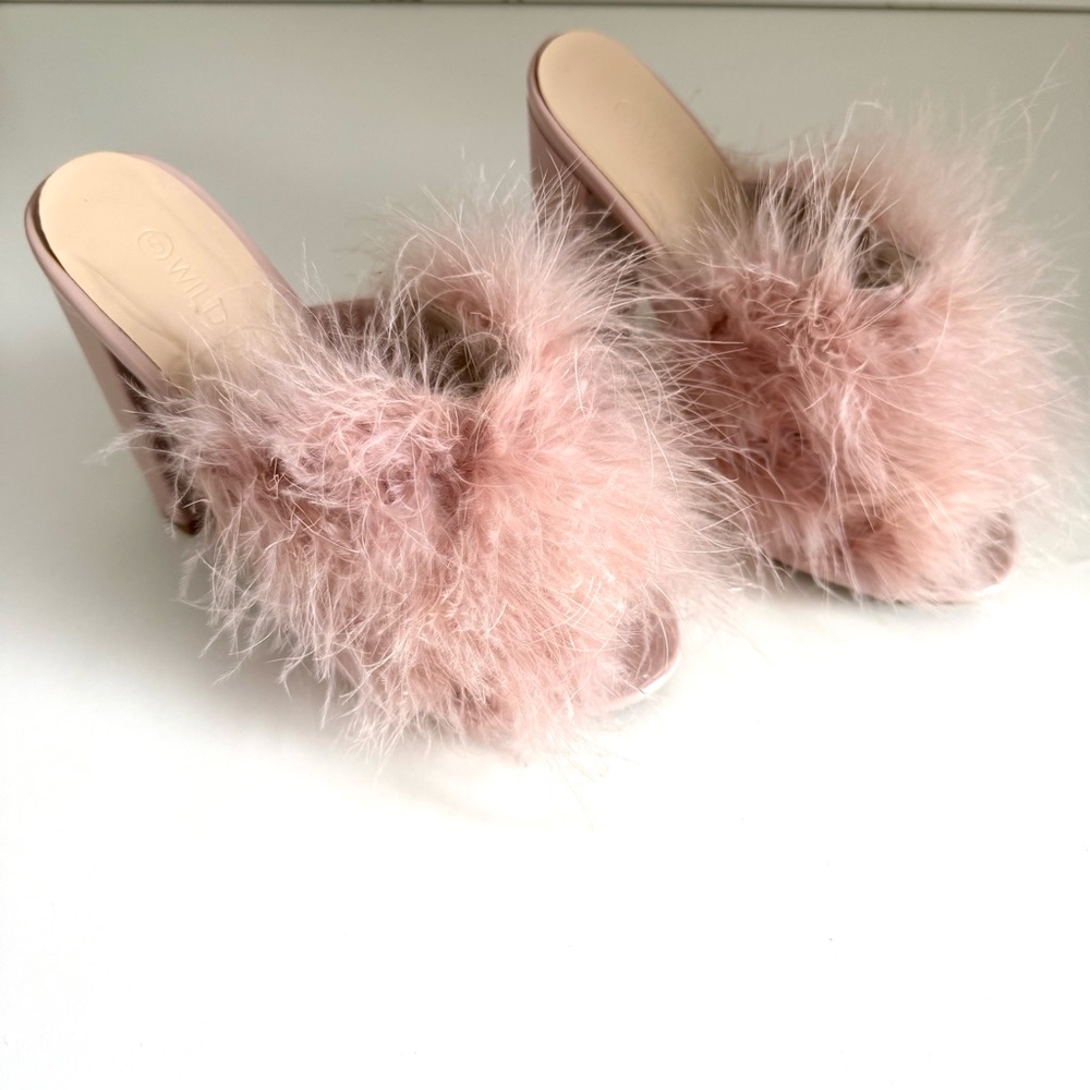 Wild Diva Blush Pink Feathered Slip On Heeled Mules size 5 - Picture 4 of 15